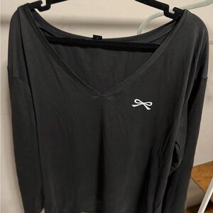 SHEIN Black V-Neck Long Sleeve Top with White Bow Embroidery